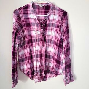Aeropostale Pink Plaid Tie Front Loose Fit Women's Shirt - Size Large